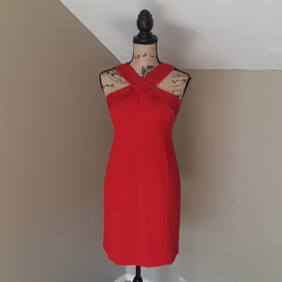 NWOT, Liz Claiborne Red Embroidered Sheath Dress - Picture 5 of 15